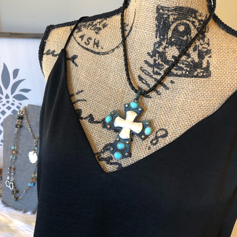 Braided Leather Necklace w/ Cross Pendant